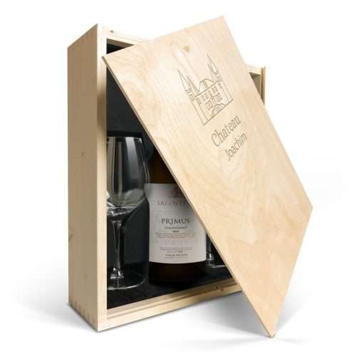 Geschenkset Wein mit Gläsern - Salentein Primus Chardonnay - Gravierter Deckel
