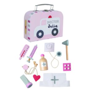Arztkoffer mit Holz-Utensilien rosa