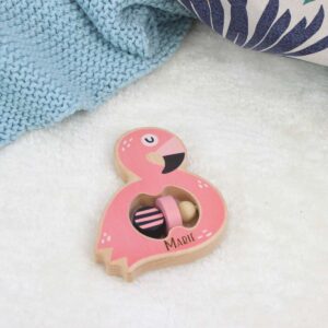 Personalisierbare Babyrassel Flamingo