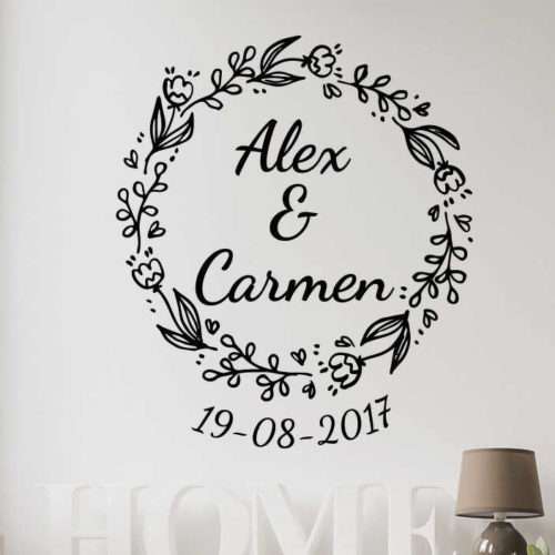 Personalisierter Aufkleber Hochzeit Blumenkranz