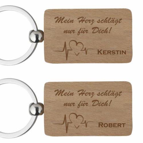 Holz-Partner-Schlüsselanhänger mit Gravur Heartbeat