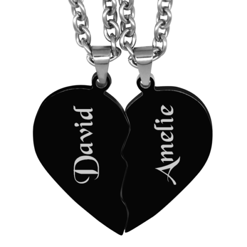 Partner-Anhänger mit Gravur geteilte Herzen schwarz schwarz