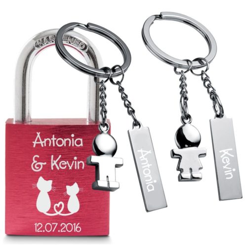 Partner-Set Liebesschloss rot + Partneranhänger Paar mit Gravur
