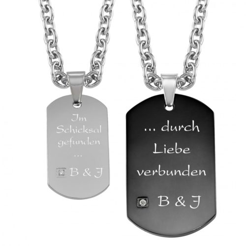 Partner-Anhänger mit Gravur DogTag Zirkonia silber schwarz
