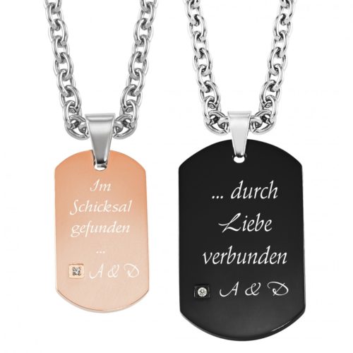 Partner-Anhänger mit Gravur DogTag Zirkonia rosegold schwarz