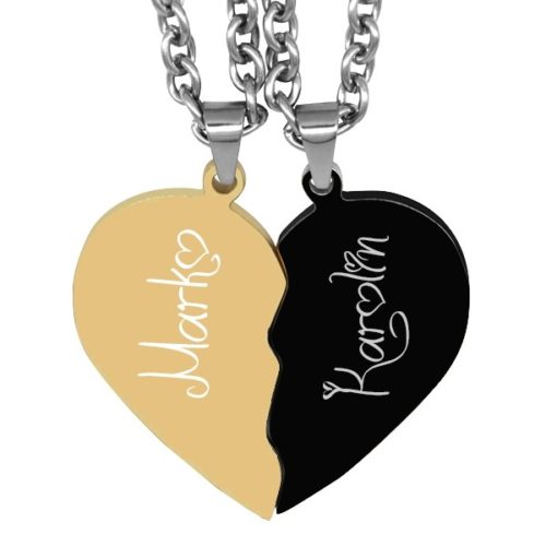 Partner-Anhänger mit Gravur geteilte Herzen gold schwarz
