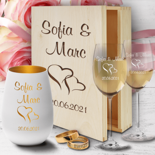 Weingläser mit Gravur Hochzeit und Windlicht - Herzen