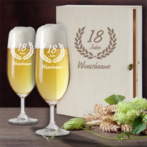 Personalisiertes Bierglas Geschenk-Set mit Holzkiste zum 18....
