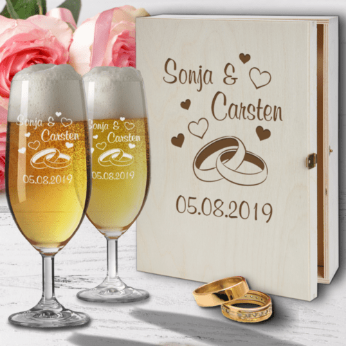 Biergläser mit Gravur Hochzeit mit Holzkiste - Ringe
