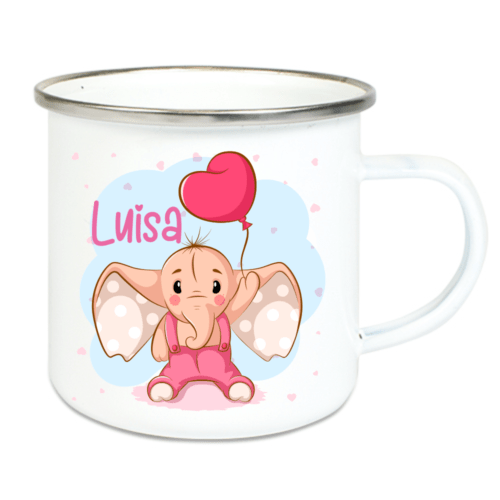 Emaille Tasse Kinder mit Deinem Namen -Elefant Luftballon