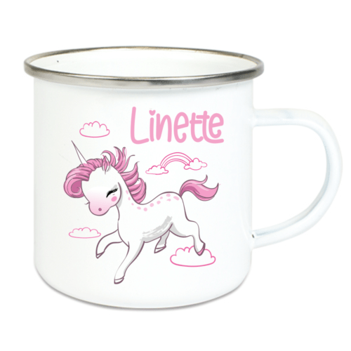 Emaille Tasse Kinder mit Deinem Namen - Einhorn Wolken