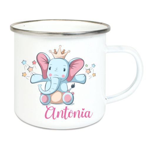 Emaille Tasse Kinder mit Deinem Namen -Elefant mit Krone