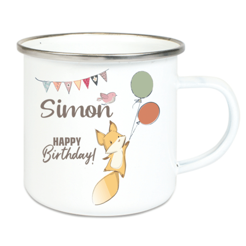 Emaille Tasse Kinder mit Deinem Namen Fuchs zum Geburtstag
