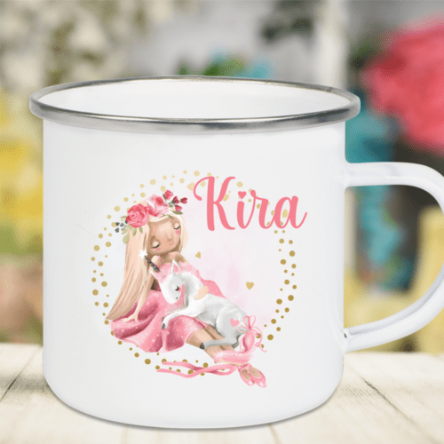 Emaille Tasse Kinder mit Deinem Namen Prinzessin mit Einhorn