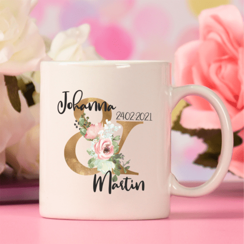 personalisierte Tasse Floral golden mit Wunschnamen und Wunschdatum