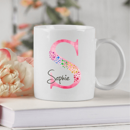 Tasse Buchstabentasse Initial Sterne mit Wunschnamen rosa