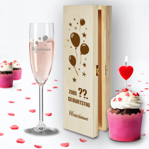 Geschenkbox und Sektglas von Leonardo Luftballons mit Namensgravur...