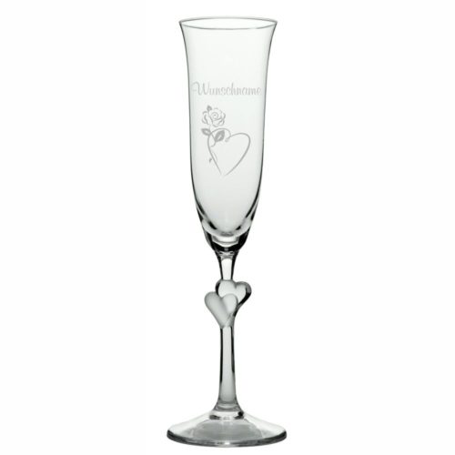 Sektglas L'Amour weiss mit Wunschnamen -Herzrose