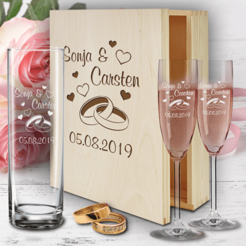 Geschenkbox zur Hochzeit mit Sektgläsern und Vase - Ringe