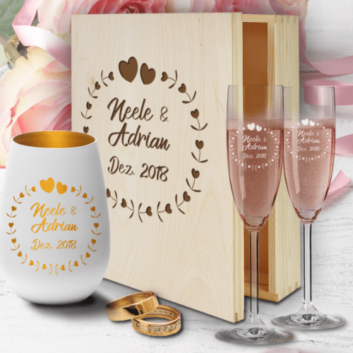 Sektgläser Hochzeit mit Windlicht in Geschenkkiste- Herzkreis