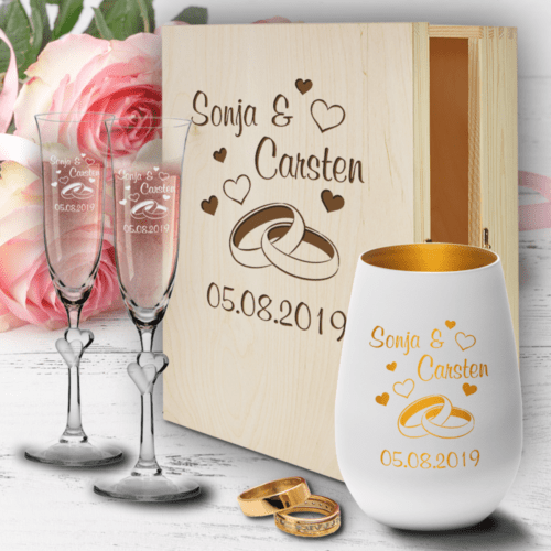 personalisierte Geschenkbox zur Hochzeit Sektgläser Herzen und...