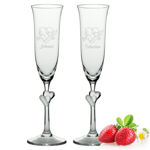 Sektgläser-Set Herzen mit Wunschnamen Motiv Tauben