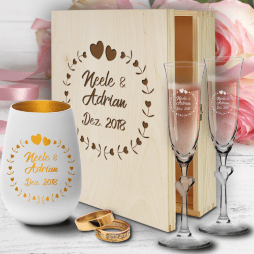 Hochzeit Sektgläser und Windlicht graviert in Holzkiste- Herzkreis