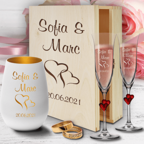 Hochzeitsgläser Sektgläser Herzen rot mit Windlicht in Holzkiste-...