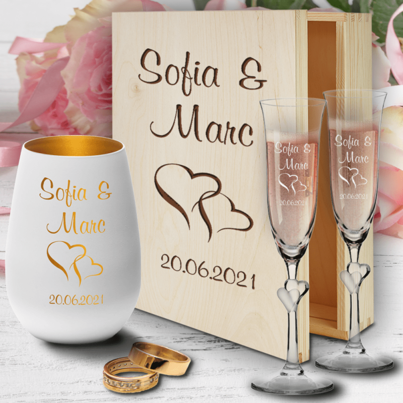 Sektgläser mit Gravur in Holzkiste zur Hochzeit mit Windlicht -...