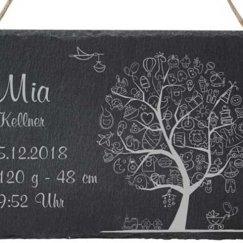 Dekoschild Schiefer mit Namen zur Geburt- Baby-Baum