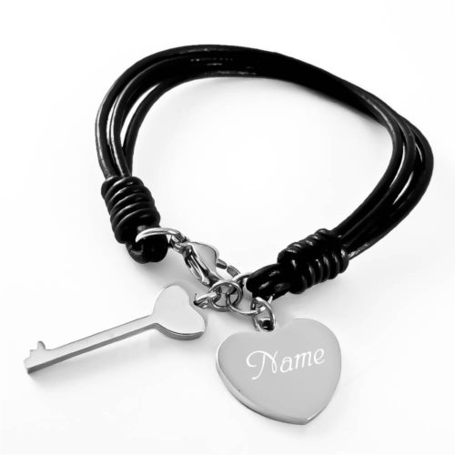 Leder-Armband mit Gravur Herz + Schlüssel