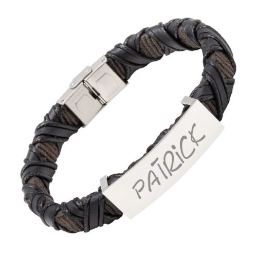 geflochtenes Kunstleder-Armband mit Gravur schwarz-braun