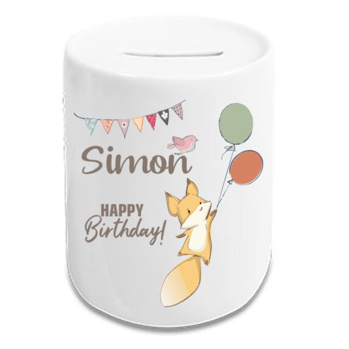 Spardose für Kinder zum Geburtstag Fuchs mit Wunschnamen