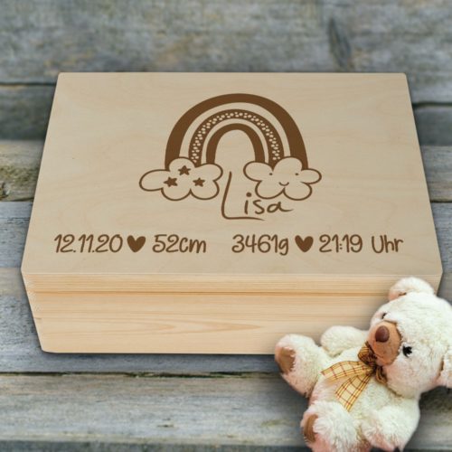 Erinnerungsbox Baby zur Geburt Regenbogen mit Wunschgravur