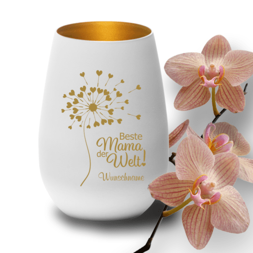 Windlicht mit Gravur Beste Mama weiss-gold