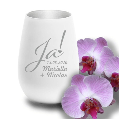 Windlicht mit Gravur weiss-silber zur Hochzeit -Ja mit Namen