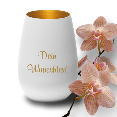 Windlicht mit Gravur weiss-gold Wunschtext