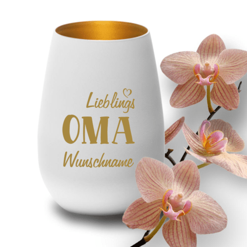 Deko-Windlicht Lieblings-Oma mit Wunschnamen in weiss-gold