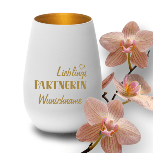 Deko-Windlicht Lieblings-Partnerin mit Wunschnamen in weiss-gold