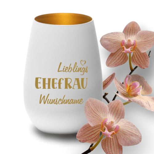 Deko-Windlicht Lieblings-Ehefrau mit Wunschnamen in weiss-gold
