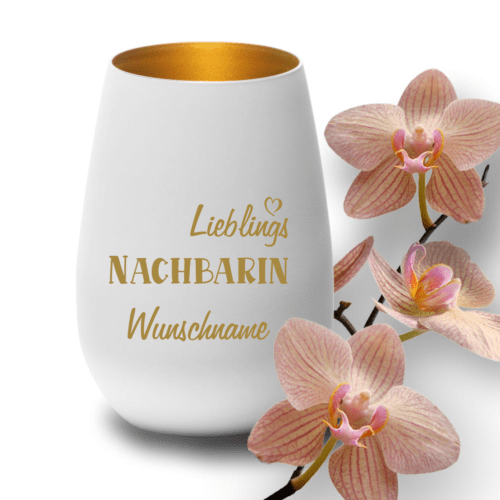Deko-Windlicht Lieblings-Nachbarin mit Wunschnamen in weiss-gold