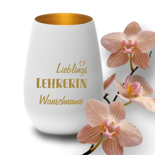Deko-Windlicht Lieblings-Lehrerin mit Wunschnamen in weiss-gold
