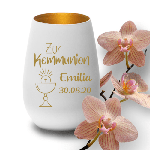 Windlicht mit Gravur weiss-gold zur Kommunion Kelch