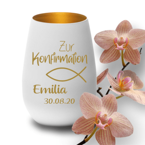 Windlicht mit Gravur weiss-gold zur Konfirmation Symbol Fisch