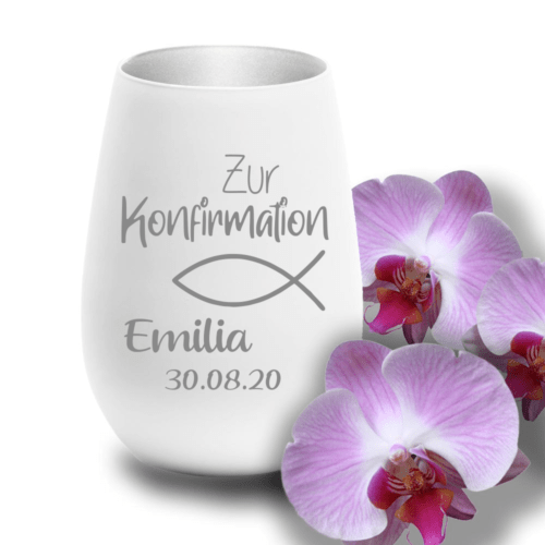 Windlicht mit Gravur weiss-silber zur Konfirmation Fisch
