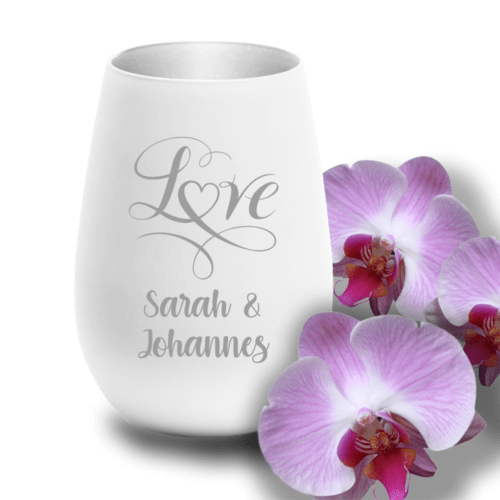 Windlicht mit Gravur weiss-silber zur Hochzeit Love