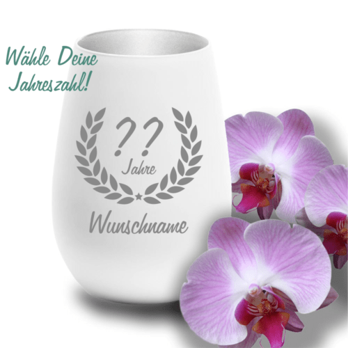 Windlicht mit Gravur weiss-silber zum Geburtstag- Wunschjahr