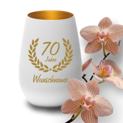 Windlicht zum 70. Geburtstag mit Wunschnamen weiss-gold