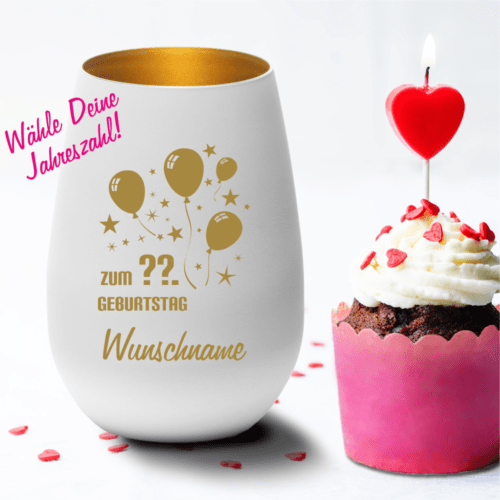 Personalisiertes Windlicht weiss-gold zum Geburtstag- Luftballons...