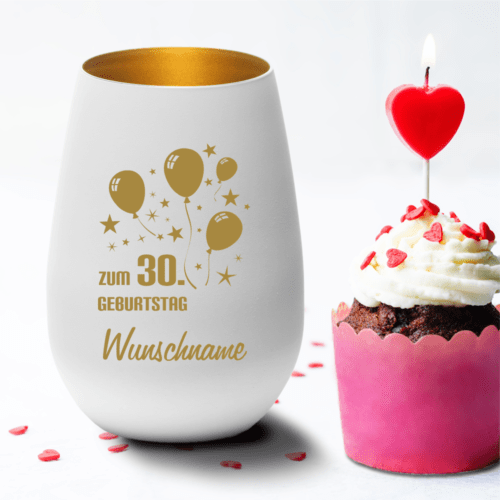 Personalisiertes Windlicht weiss-gold zum 30.Geburtstag-...